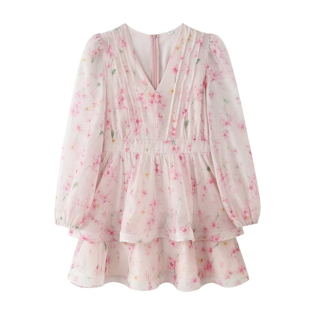 Women Clothing French Sweet Loose Printed Long Sleeve Laminated V neck Dress