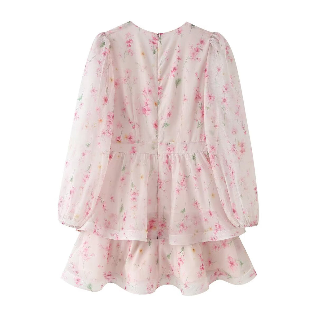 Women Clothing French Sweet Loose Printed Long Sleeve Laminated V neck Dress