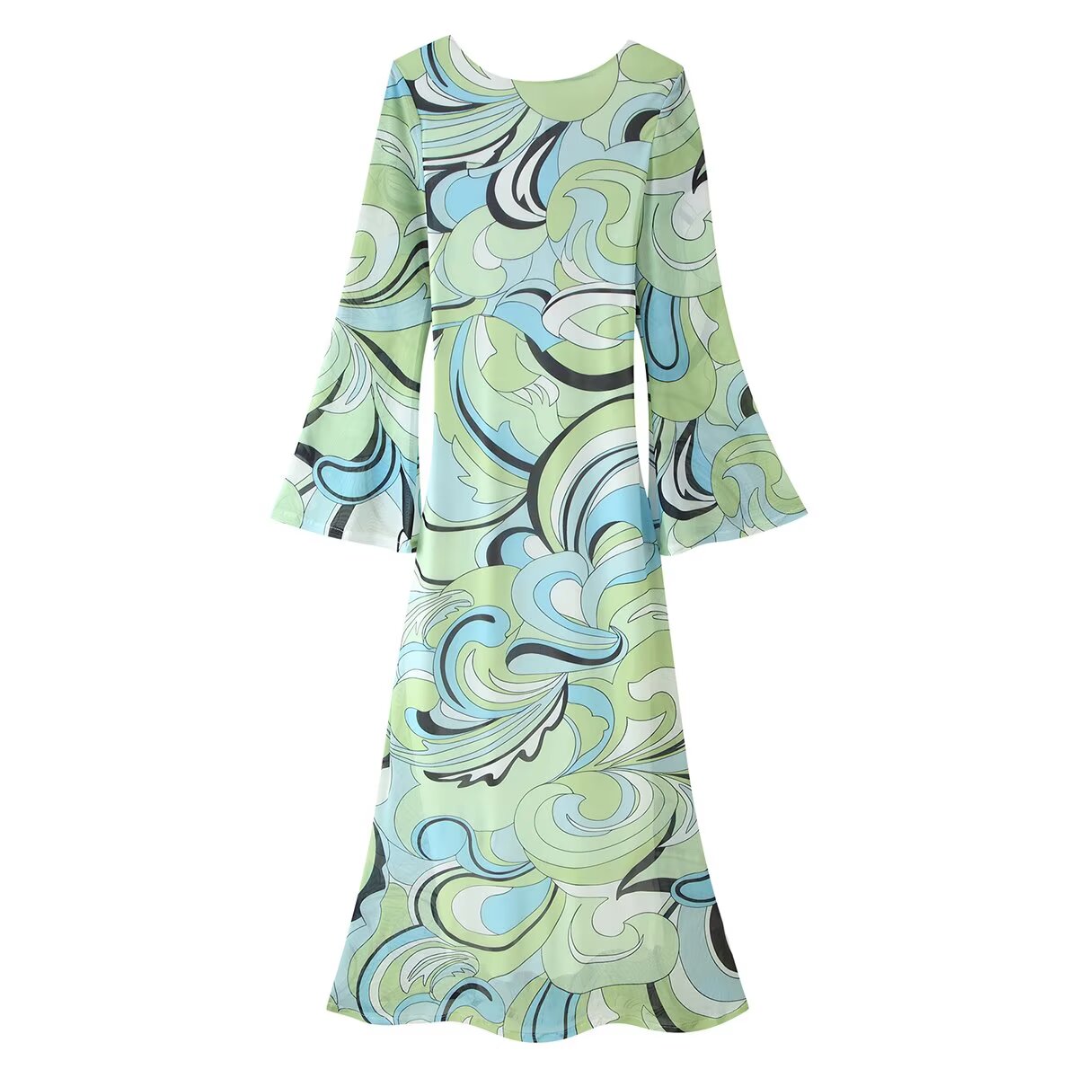Women Clothes Flared Sleeves Printing Backless Dress