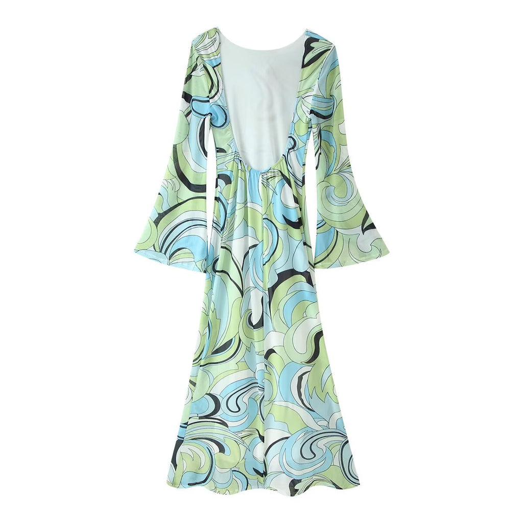 Women Clothes Flared Sleeves Printing Backless Dress