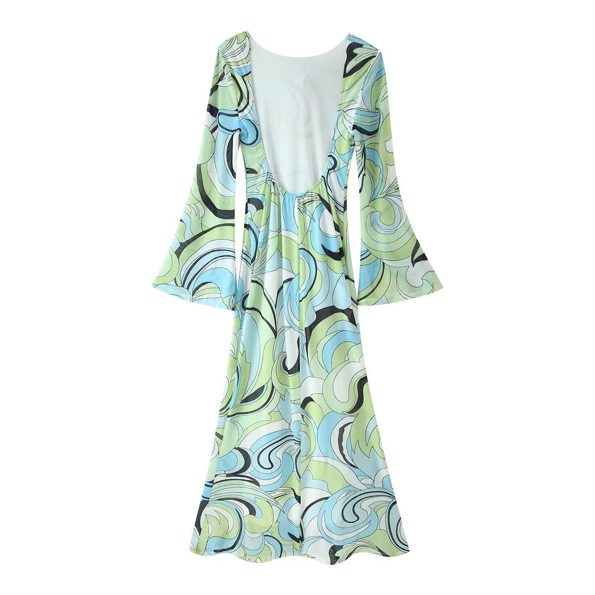 Women Clothes Flared Sleeves Printing Backless Dress