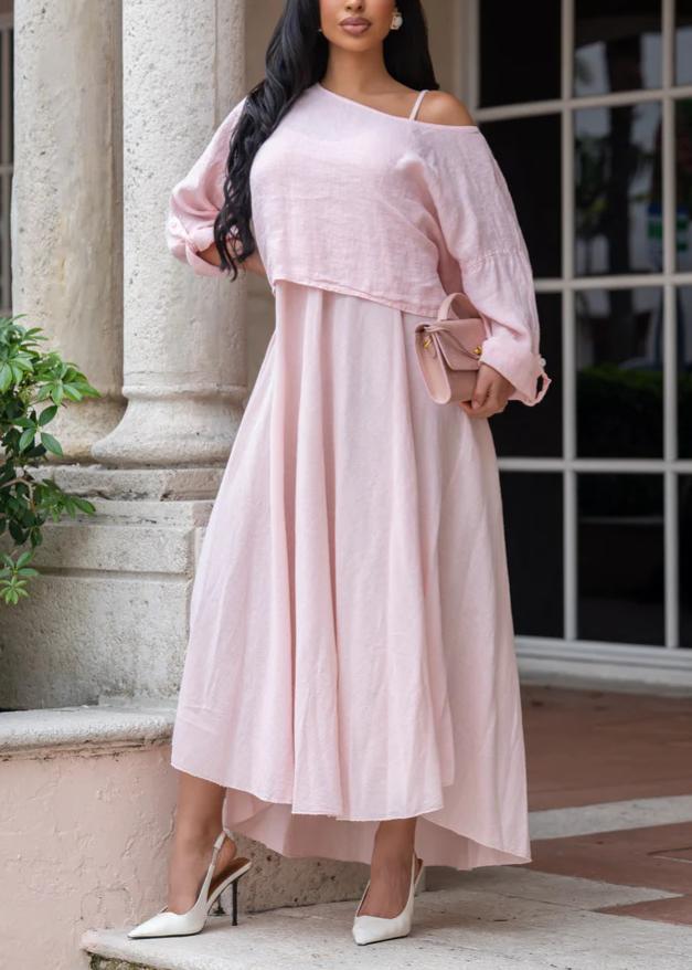 Summer Autumn Solid Color Casual Loose Strap Dress Diagonal Collar Loose Long Sleeve Two Piece Dress Set