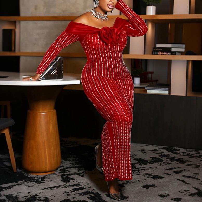 Off Shoulder Rhinestone Contrast Color Corsage Long Sleeve Dress Cocktail Dress