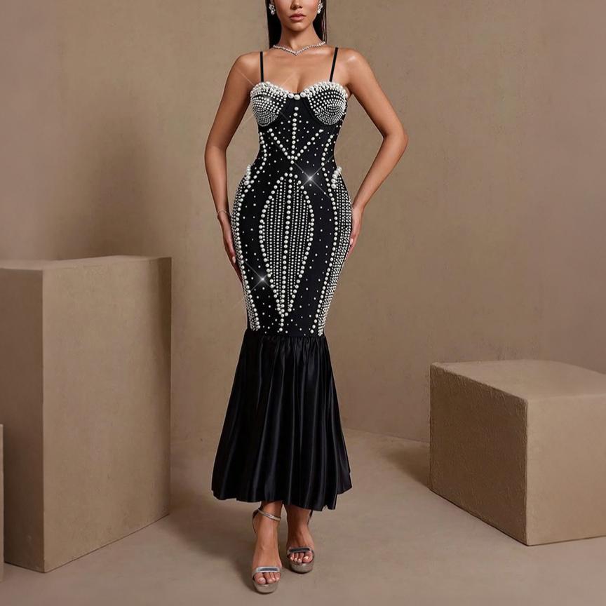 Women Clothes Sexy Tube Top Package Hip Beaded Rhinestone Jumpsuit Cocktail Dress