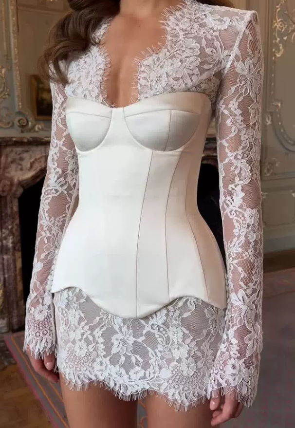 Women Clothing Summer Arrival French Lace See Through Short Dress Satin Boning Corset Set Evening Gown