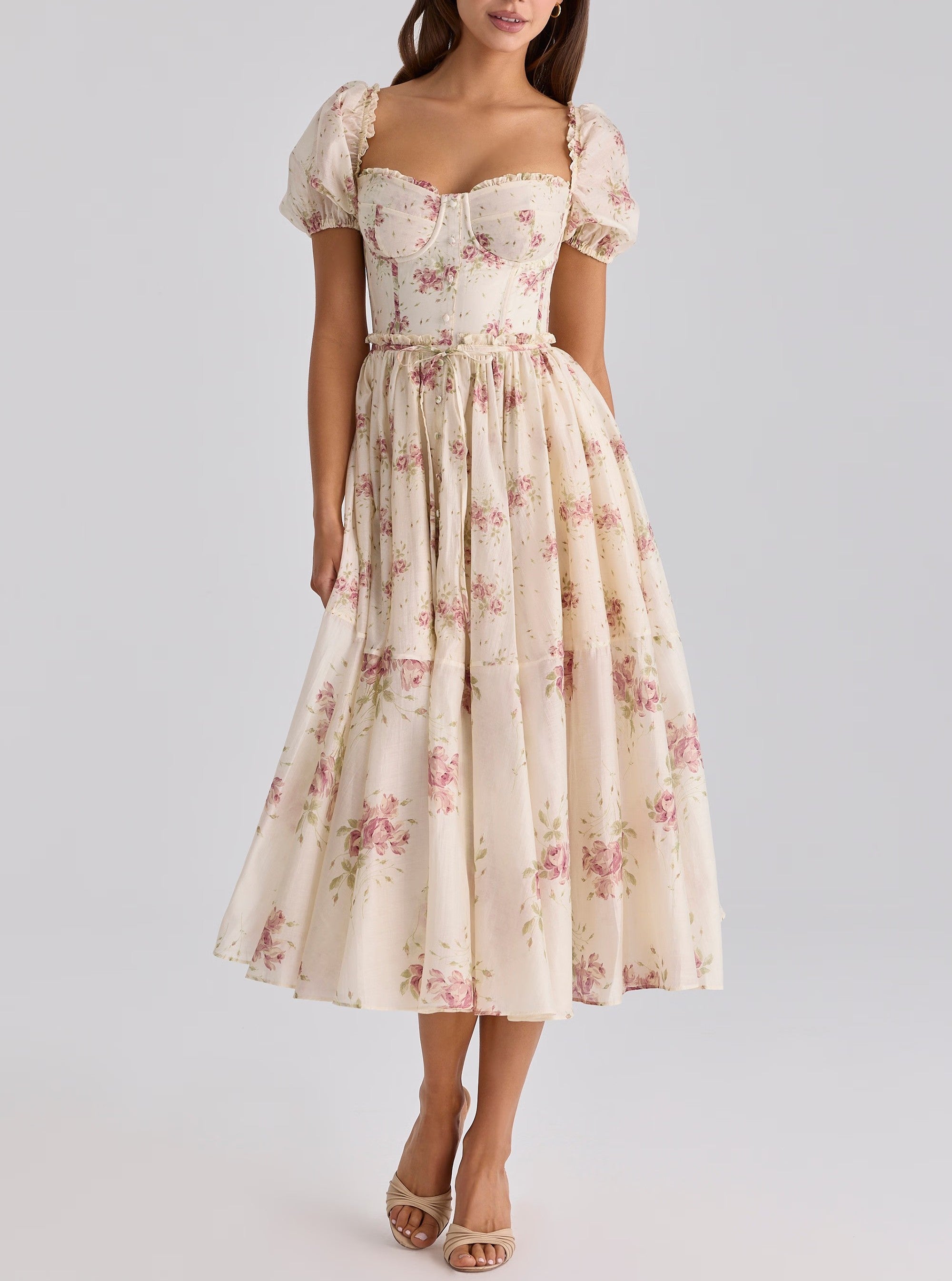 Sweet Romantic Vacation Printed Maxi Dress Puff Sleeve Waist Dress