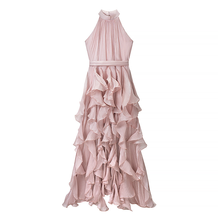 Women Clothing Summer Slimming Lace up Halterneck Sleeveless Ruffled Maxi Dress