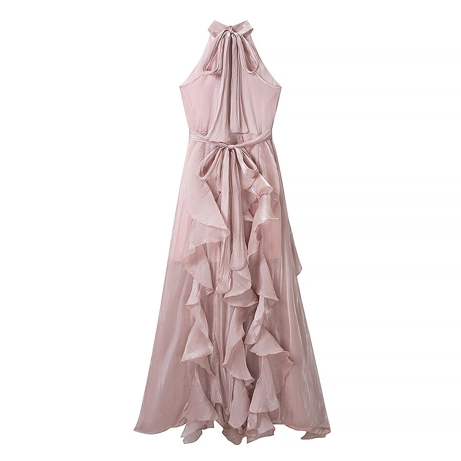 Women Clothing Summer Slimming Lace up Halterneck Sleeveless Ruffled Maxi Dress