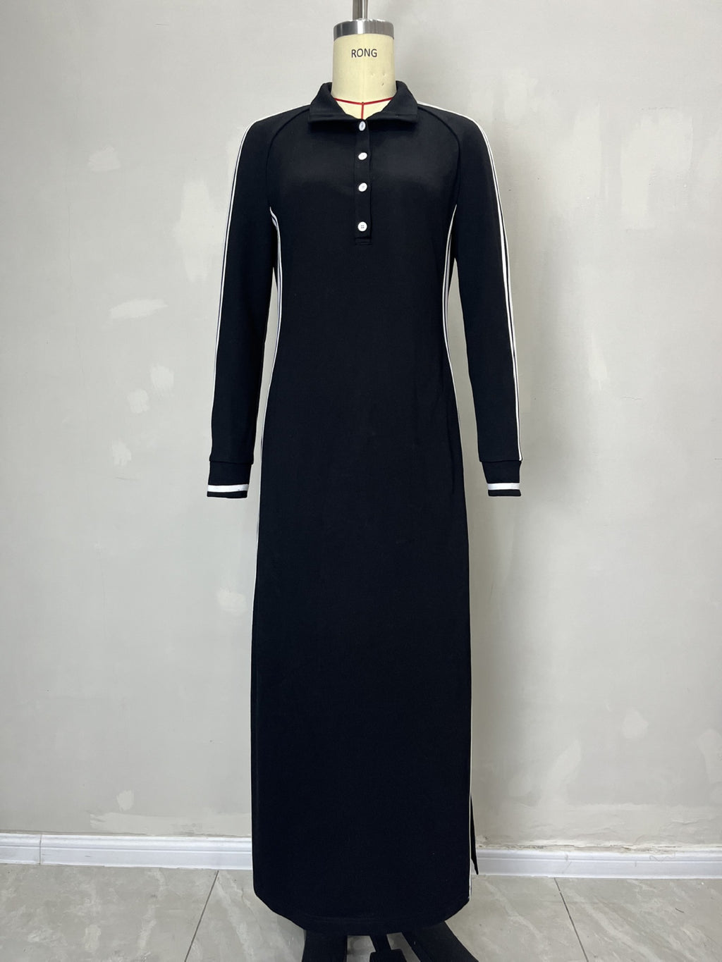 Robe longue Femme Simple Col Passepoil Blanc Décorée de Boutons Robe Pull