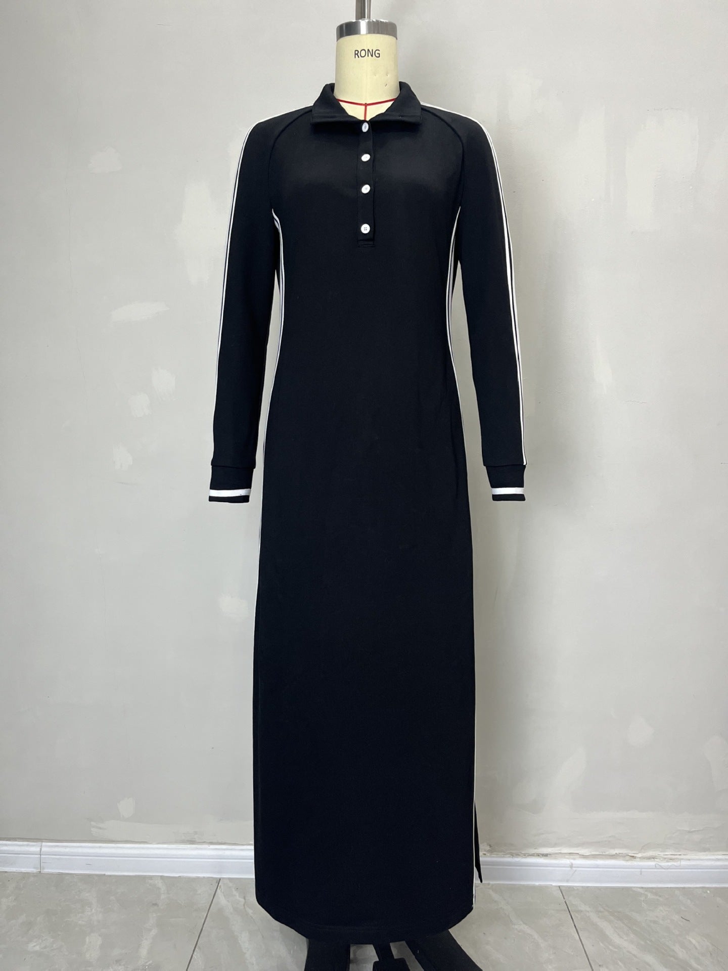 Robe longue Femme Simple Col Passepoil Blanc Décorée de Boutons Robe Pull