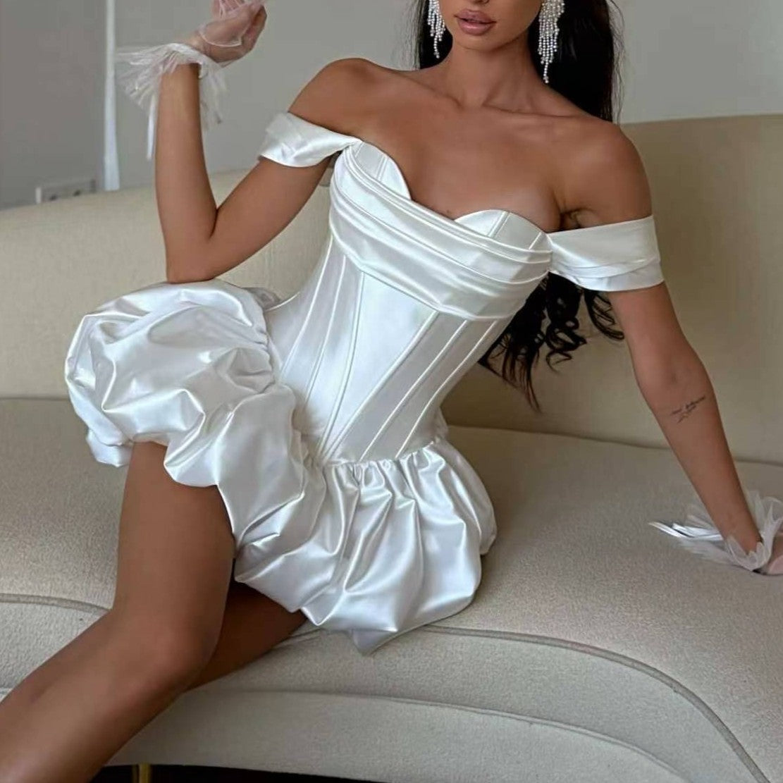 Women Clothing Fashionable Elegant Slim off Shoulder Boning Corset Waist Bud Puff Short Dress