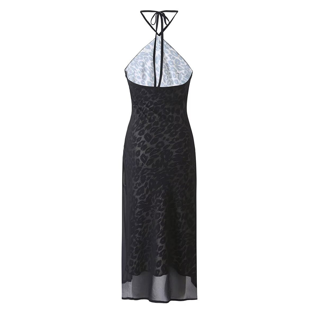 Vintage Leopard Print Halter Spaghetti Straps Dress Women Sexy Big Backless Slim Fit Seaside Holiday Midi Dress