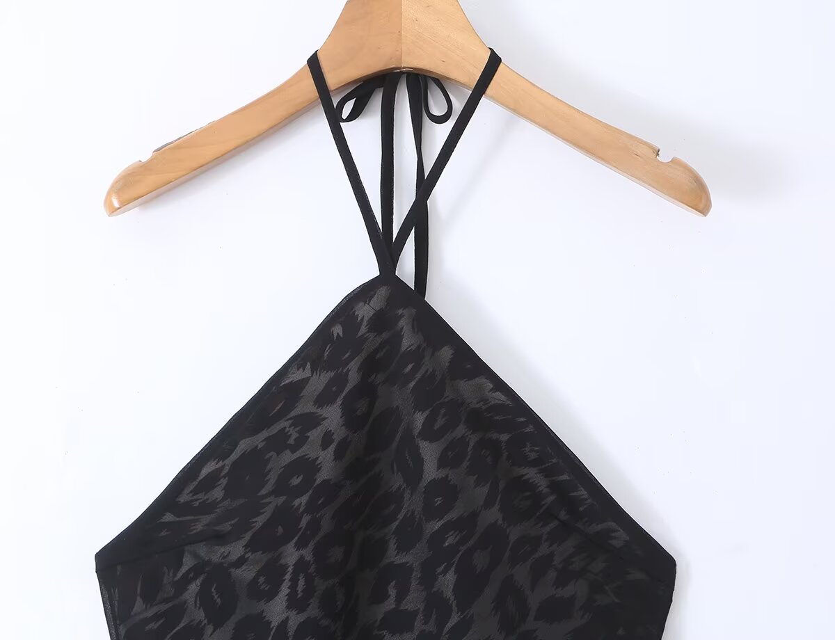 Vintage Leopard Print Halter Spaghetti Straps Dress Women Sexy Big Backless Slim Fit Seaside Holiday Midi Dress