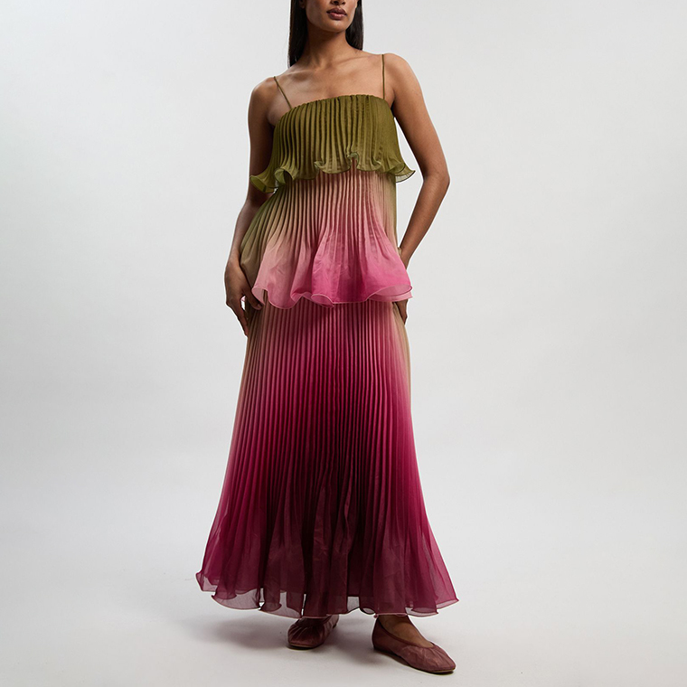 Women Clothing Summer Gradient Vacation Ruffled Pleated Layered Cami Dress