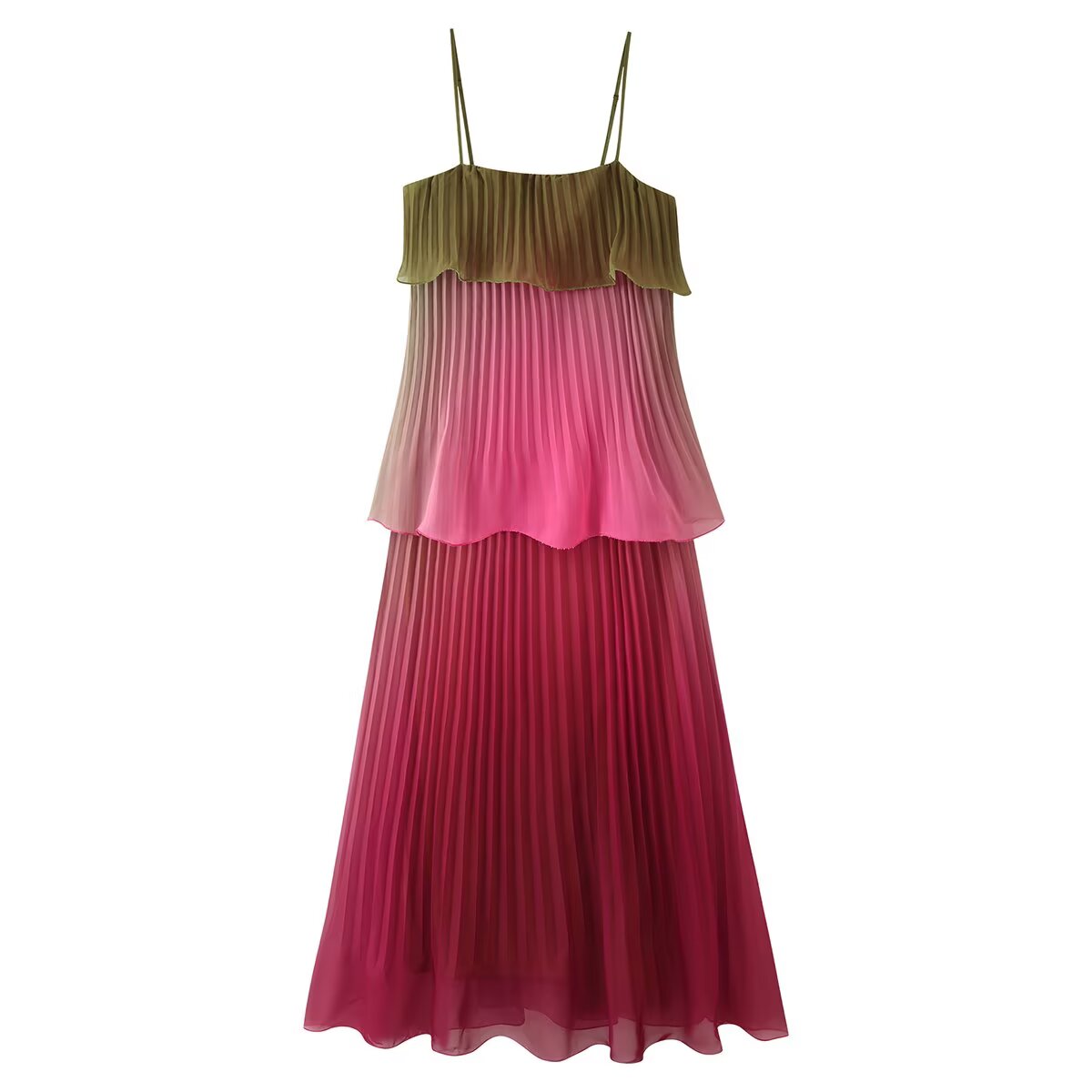 Women Clothing Summer Gradient Vacation Ruffled Pleated Layered Cami Dress