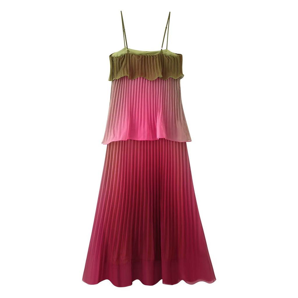 Women Clothing Summer Gradient Vacation Ruffled Pleated Layered Cami Dress