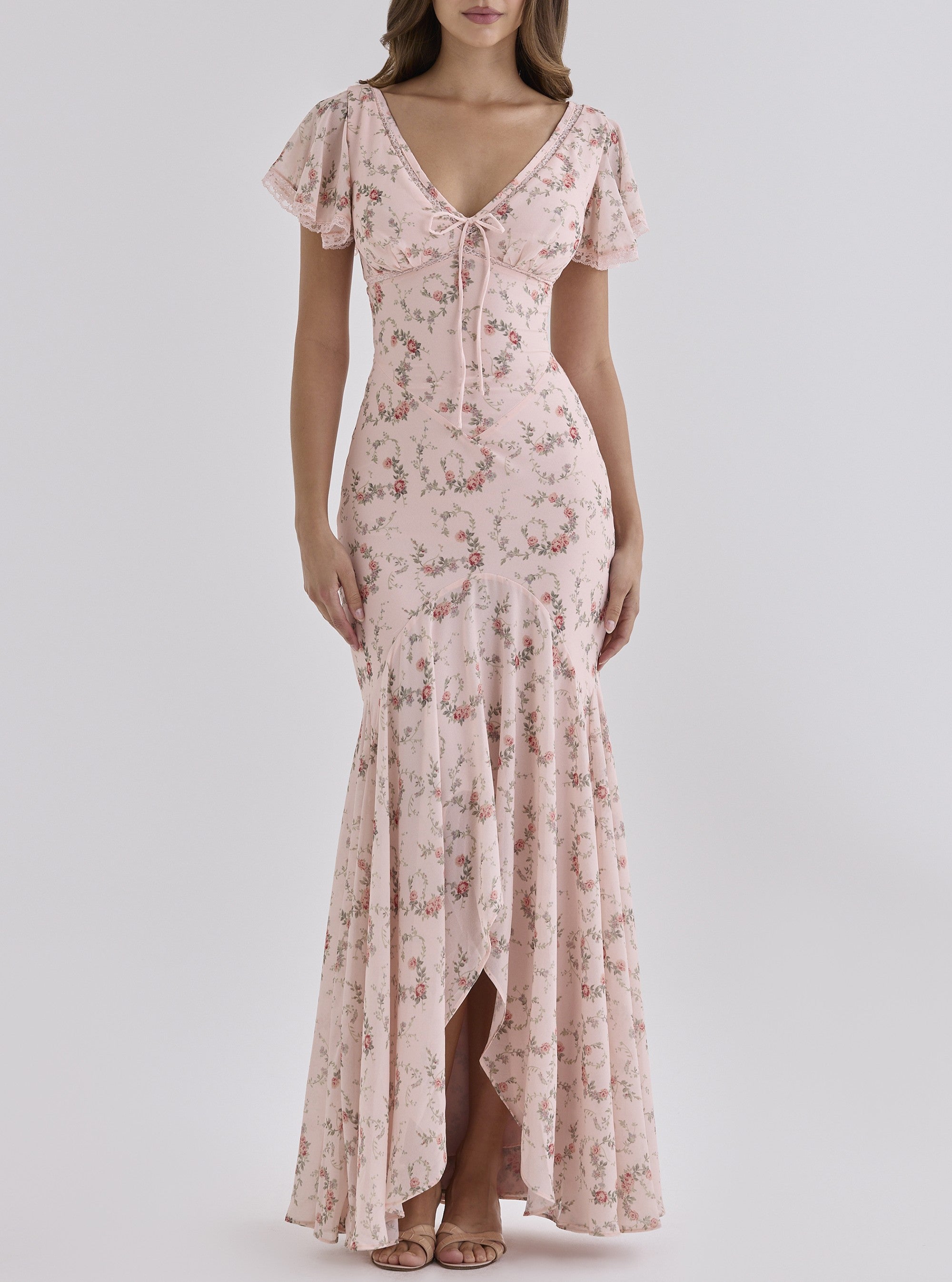 Romantic Pastoral Printed Dress V neck Irregular Asymmetric Slim Fit Dress