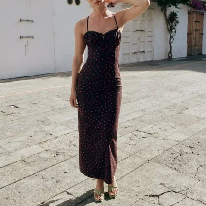 Women Clothing Summer Graceful Fashionable Polka Dot Midi Dress Maxi Dress
