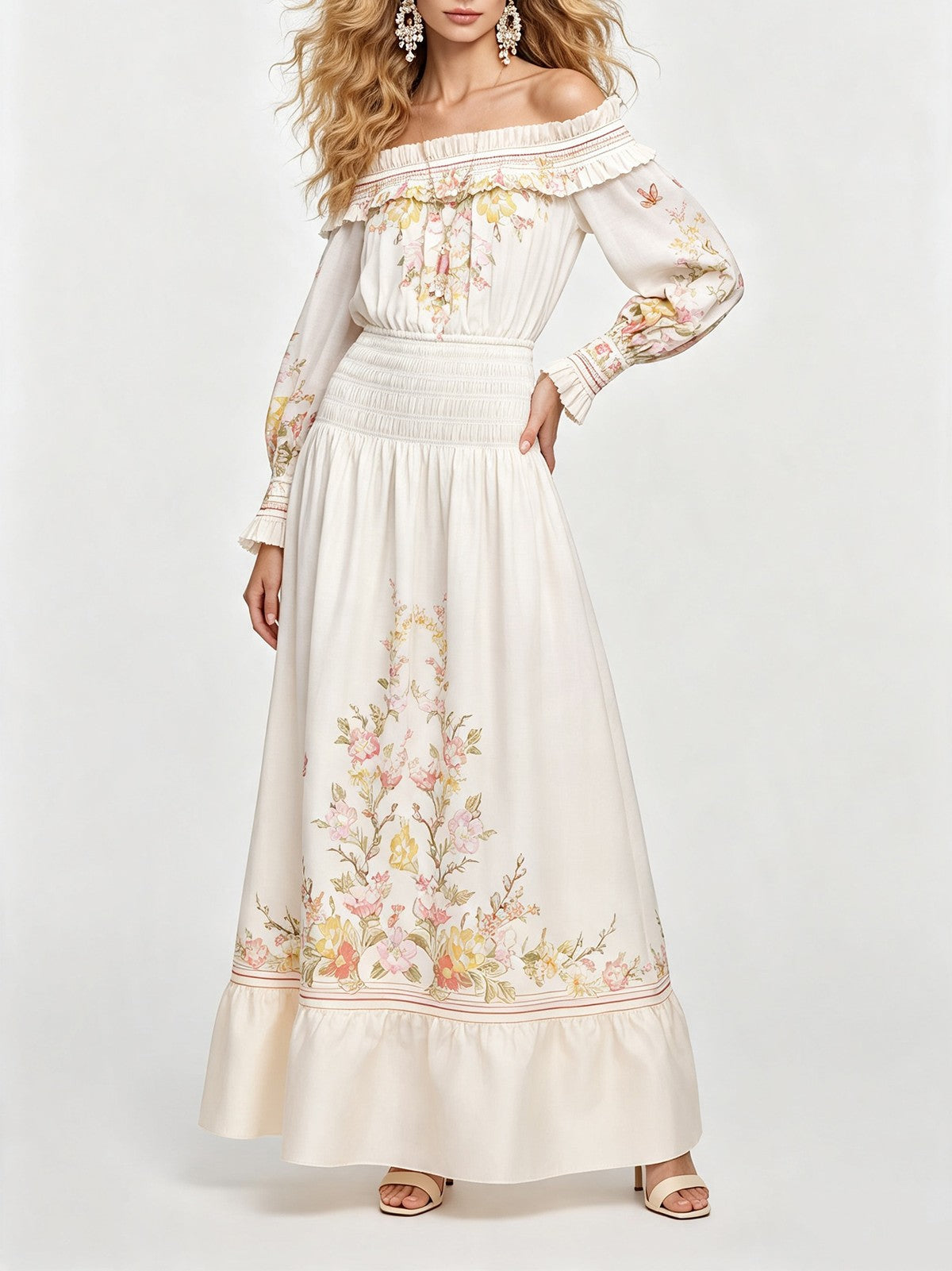 Woman Sexy One Shoulder Stretch Printed Long-Sleeved Fitted Dress With Waistline