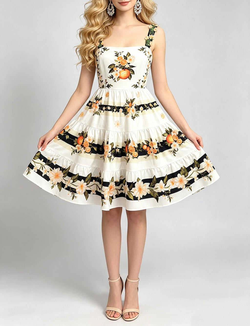 Women Summer Printed Halter Neck Embroidered Flower Dress With High Waisted And Figure Hugging A Line Dress