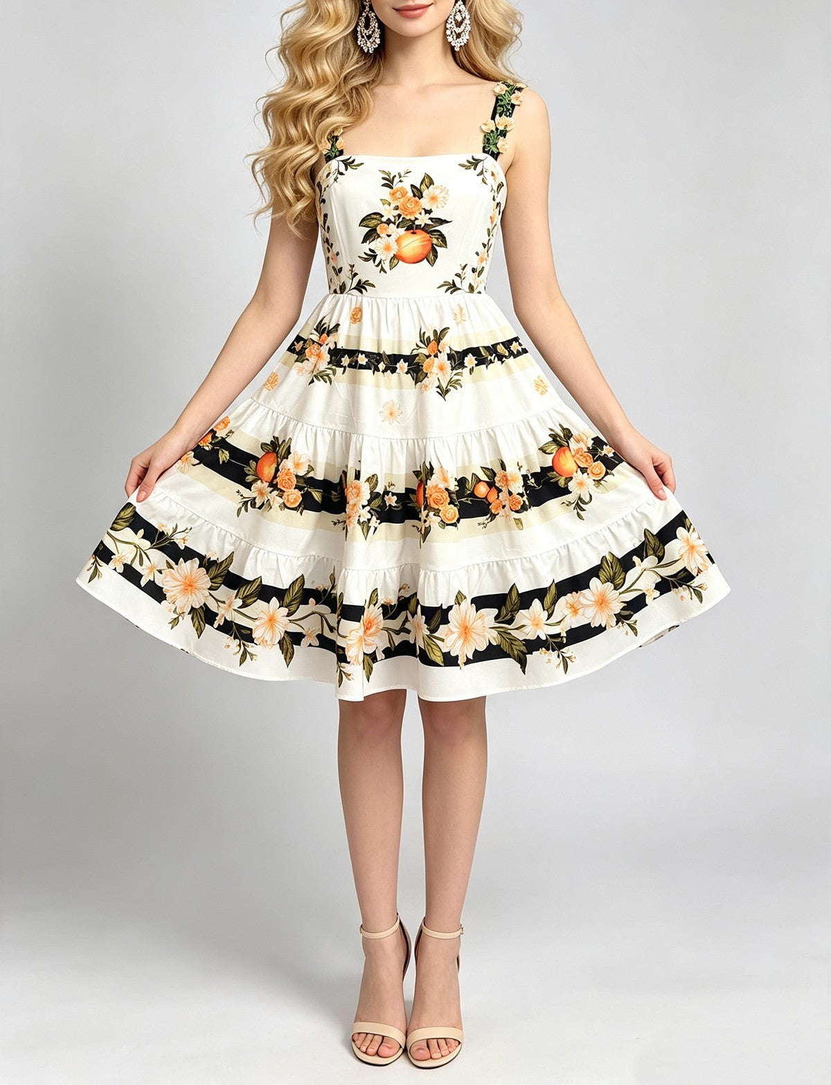 Women Summer Printed Halter Neck Embroidered Flower Dress With High Waisted And Figure Hugging A Line Dress