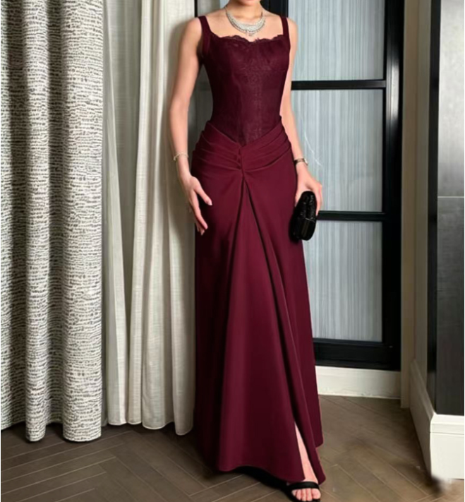Burgundy Lace Slim Fit Patchwork Evening Maxi Dress Dress Cocktail