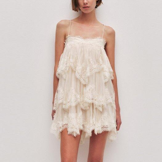 French Romantic Lace Strap Dress Layered Ruffled Backless Lace up Short Dress