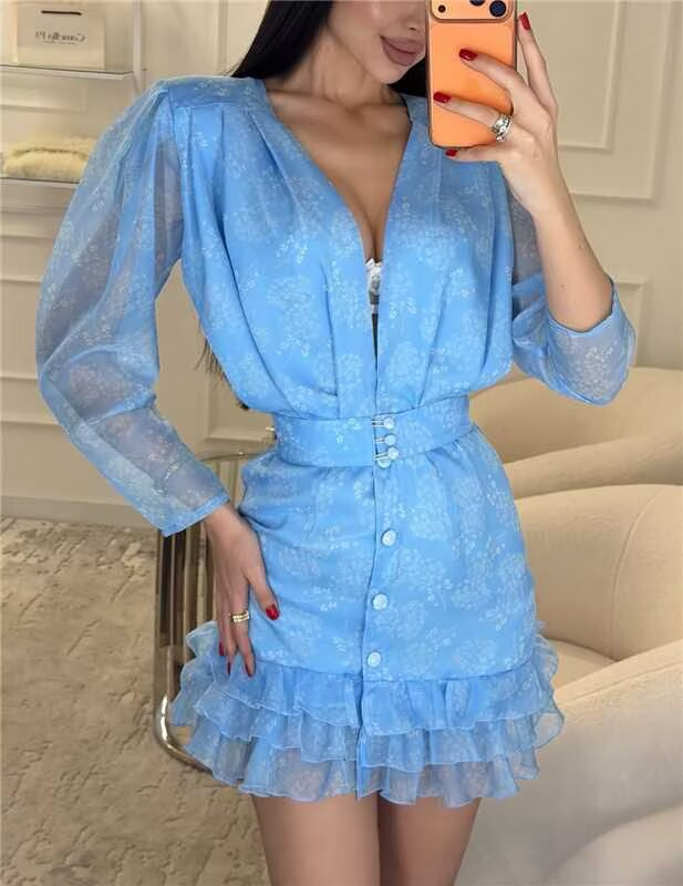 Waist Controlled Long Sleeves Ruffled Short Dress Early Autumn