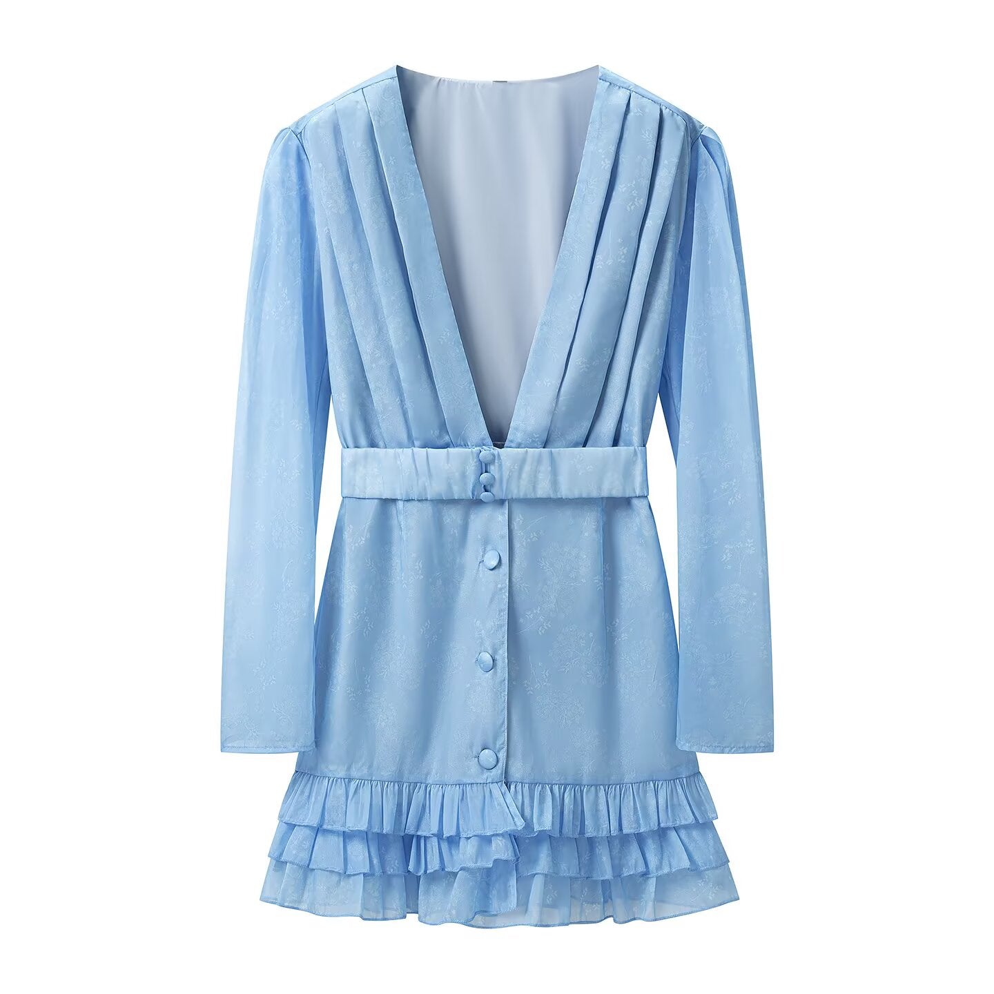 Waist Controlled Long Sleeves Ruffled Short Dress Early Autumn