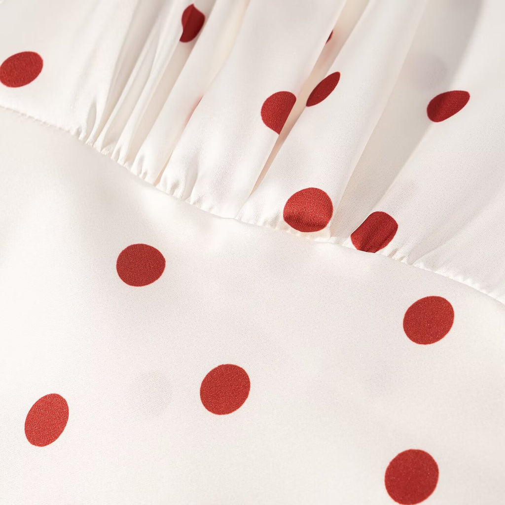 Women Clothing Summer Sweet Niche round Neck Polka Dot Print Stringy Selvedge Dress