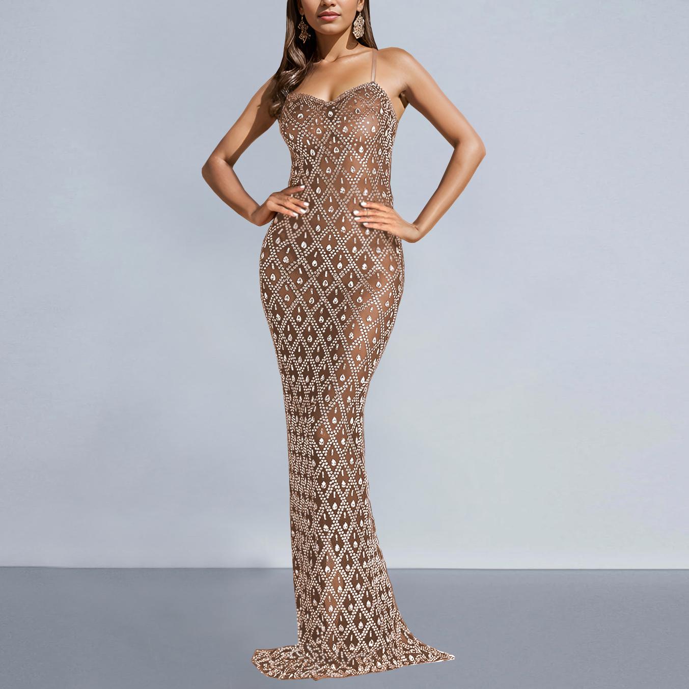 Women Sexy Strap Rhinestone Hip Wrapped Dinner Dress