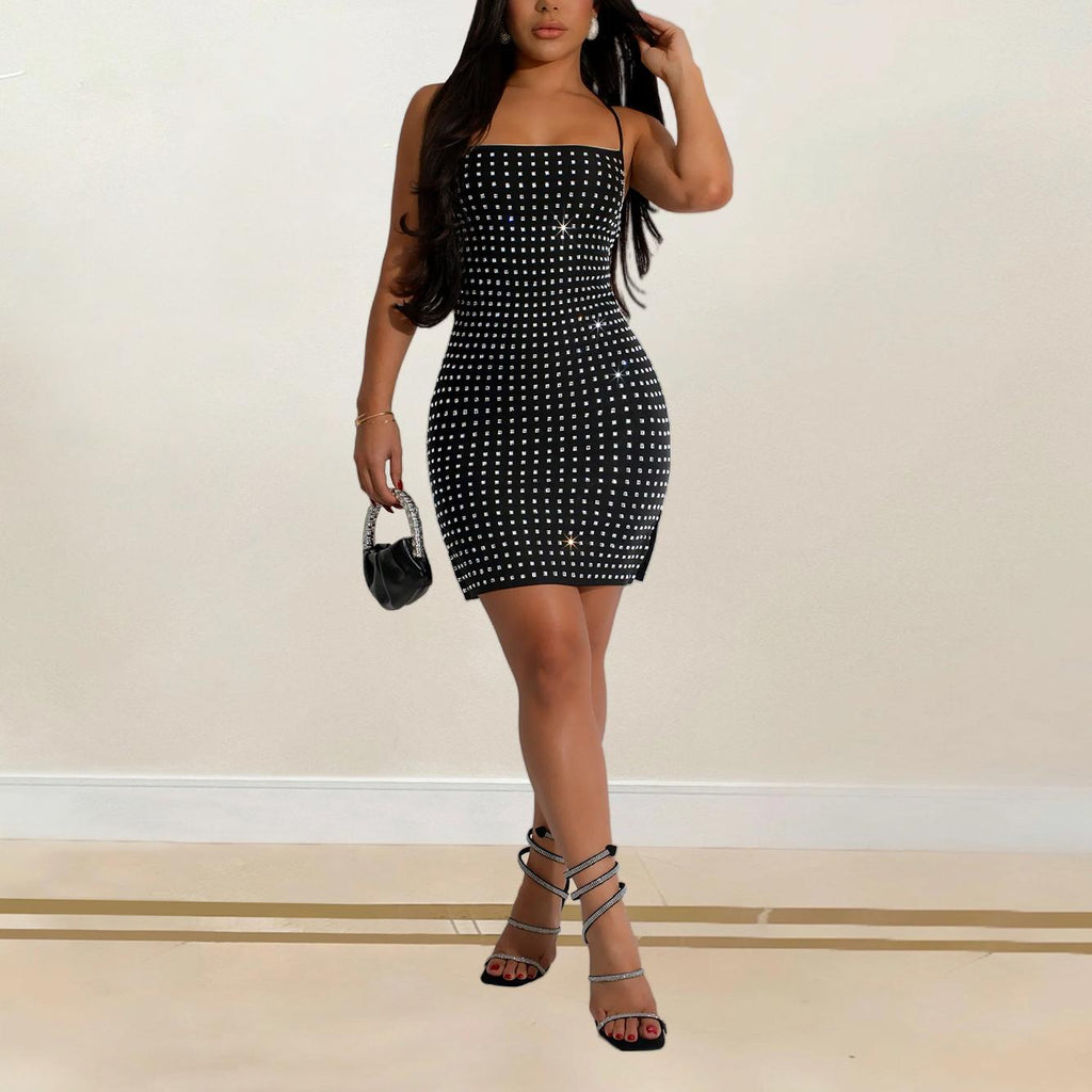 Robe Courte Sexy à Bretelles et Strass pour Femme