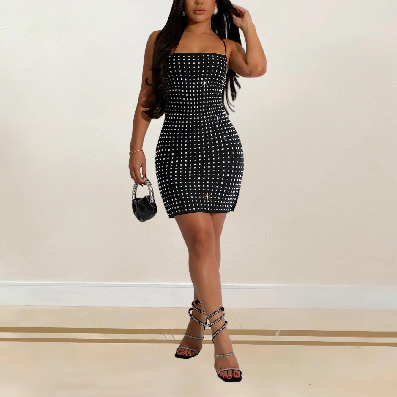 Robe Courte Sexy à Bretelles et Strass pour Femme