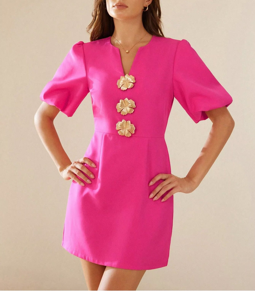 Robe boutonnée à manches bouffantes, col en V, style industriel lourd, amincissante, sensation dorée, automne
