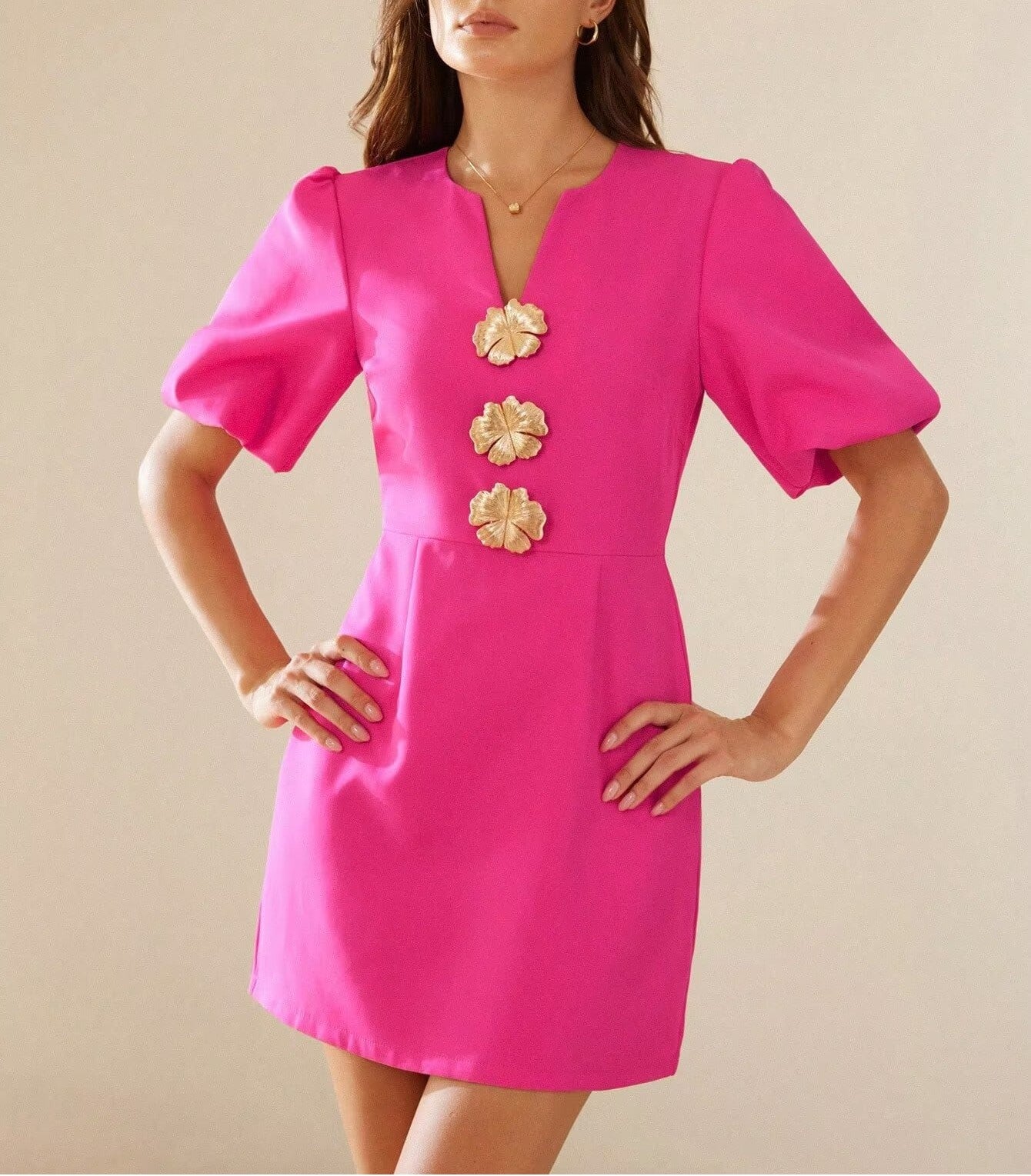 Robe boutonnée à manches bouffantes, col en V, style industriel lourd, amincissante, sensation dorée, automne