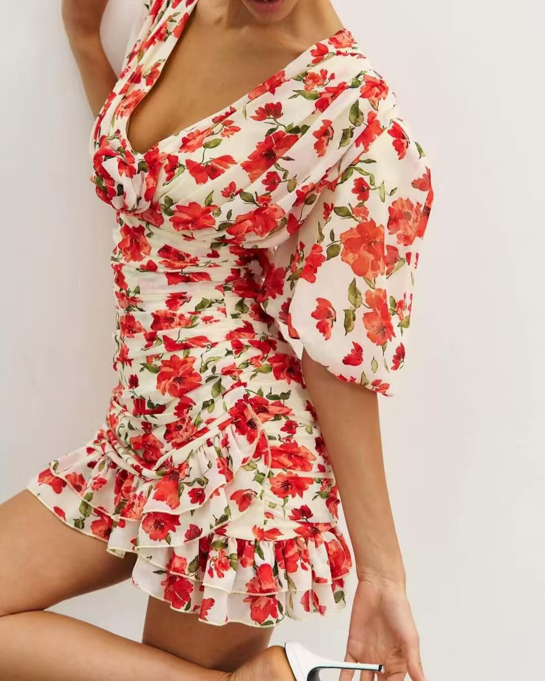 Robe imprimée à col plongeant en V profond, élégante et amincissante pour femme, collection été