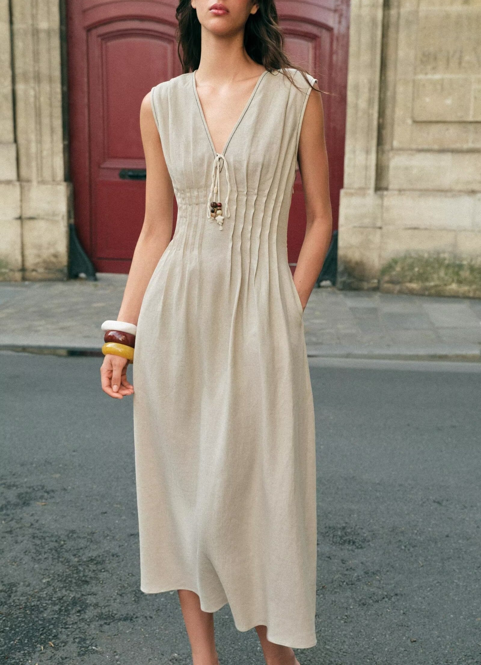 Robe Midi Plissée Décontractée Sans Manches Col V pour Femmes - Collection Automne