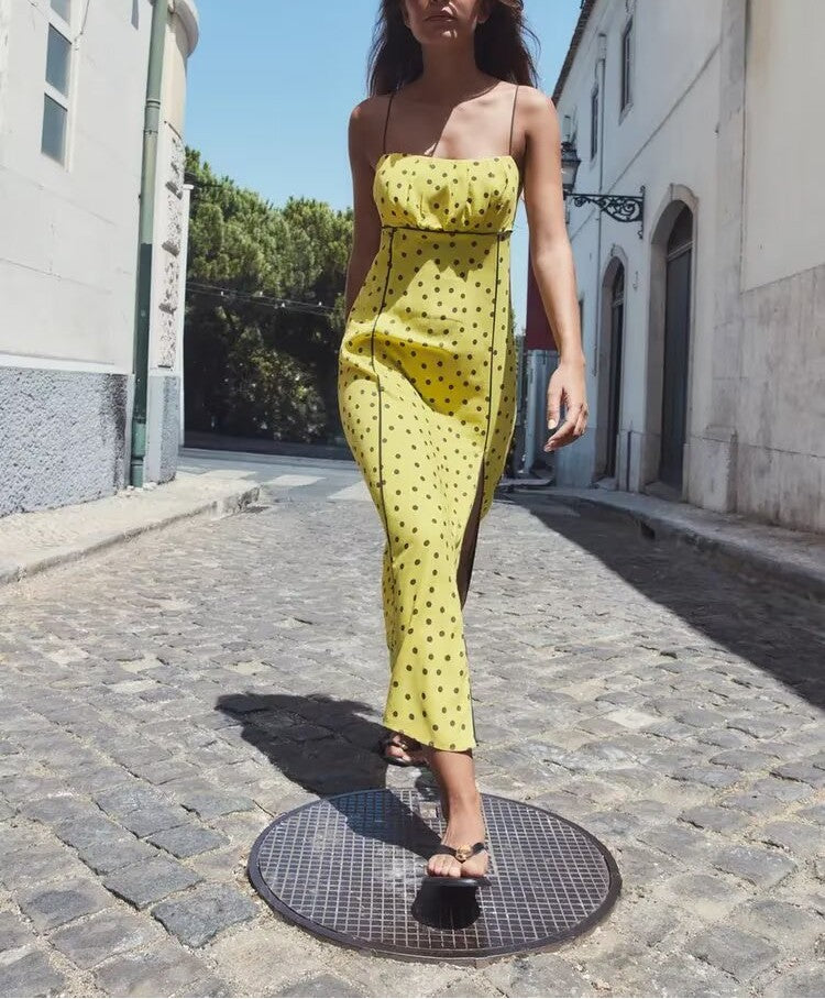 Early Autumn Women Clothing Sweet Straight Collar Polka Dot Trim Midi Dress Strap Dress
