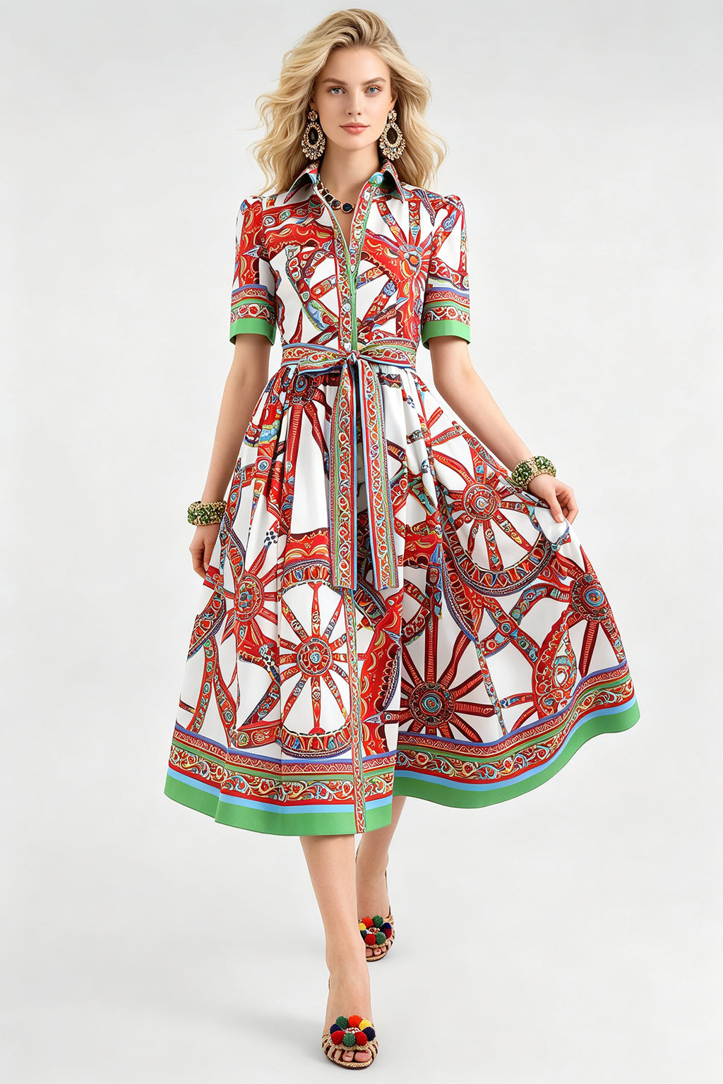 Women Summer Printed Collar Neck Blouse Paired With A Line Dress