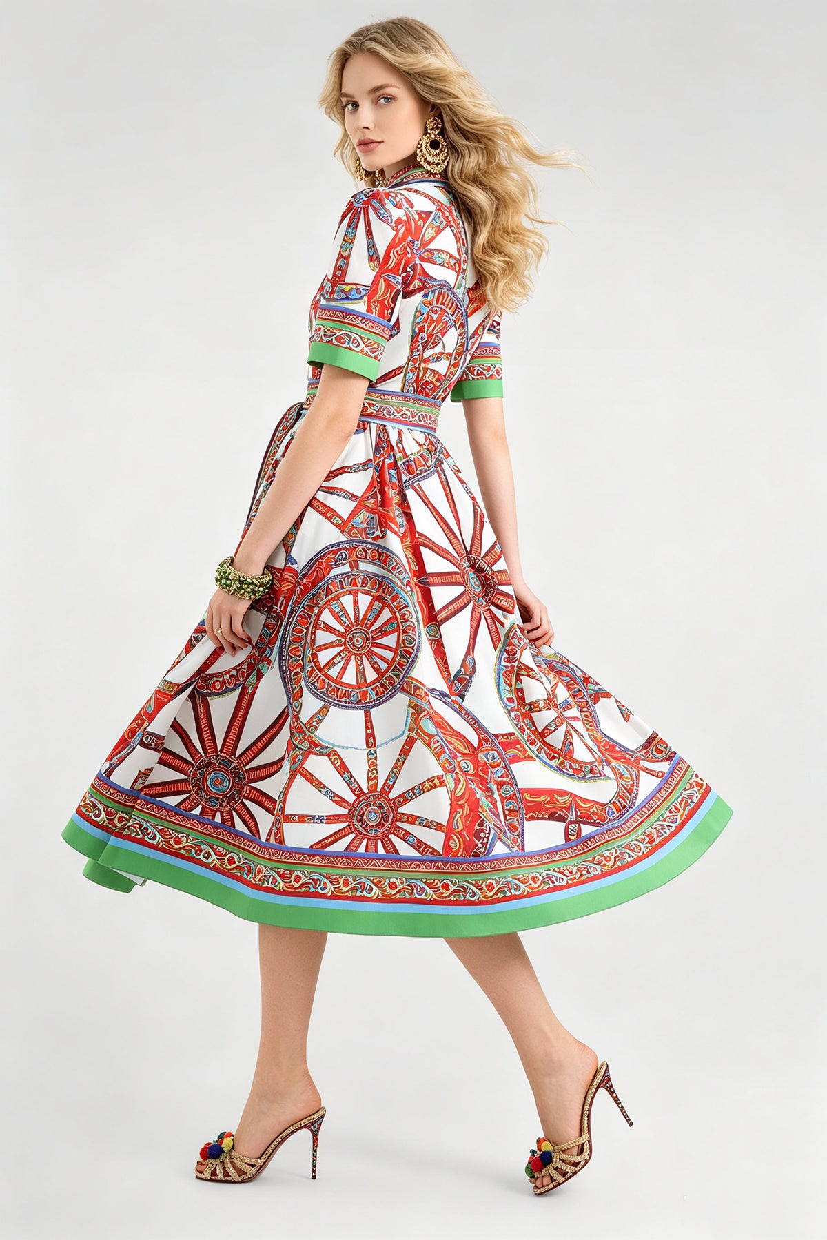 Women Summer Printed Collar Neck Blouse Paired With A Line Dress
