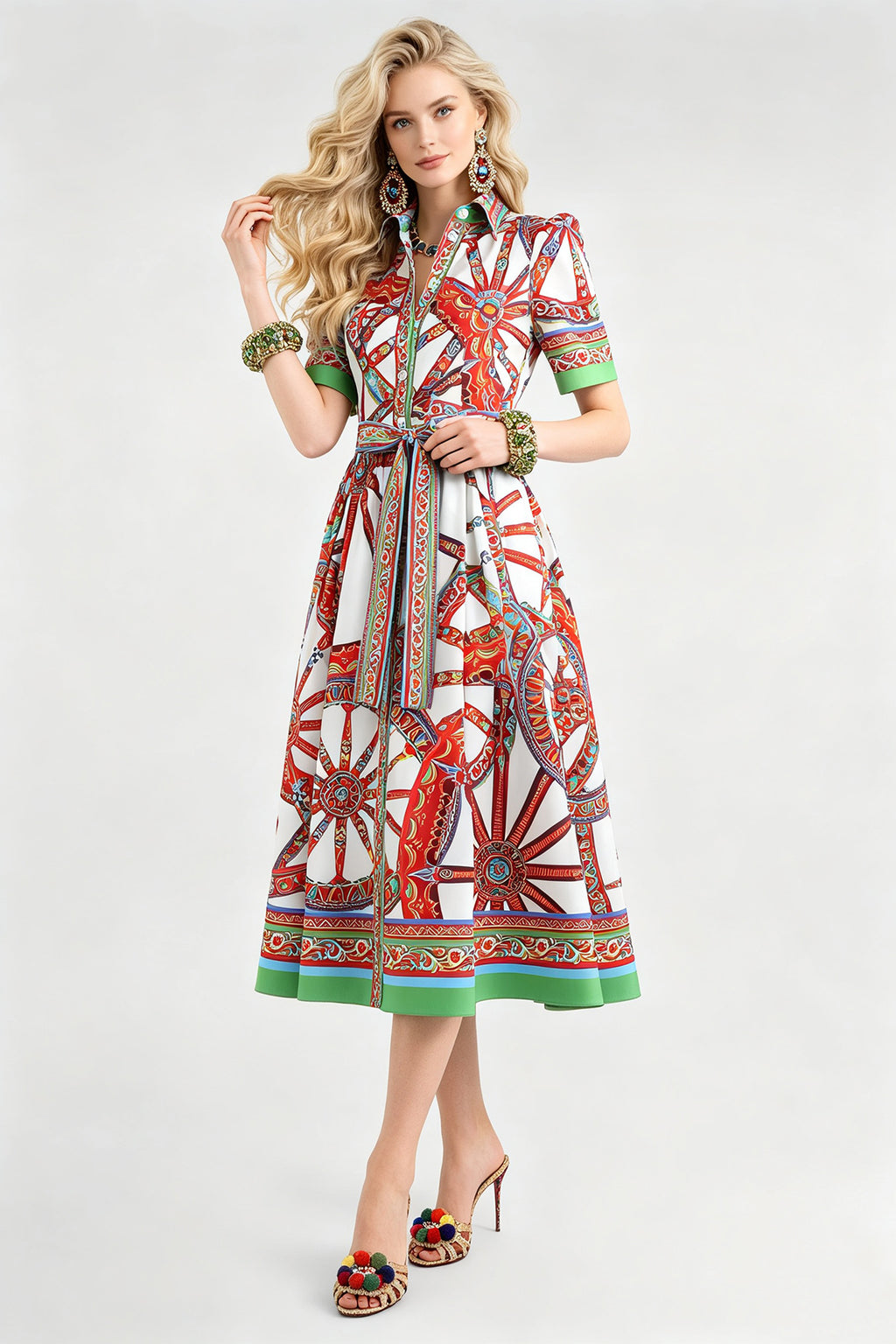 Women Summer Printed Collar Neck Blouse Paired With A Line Dress