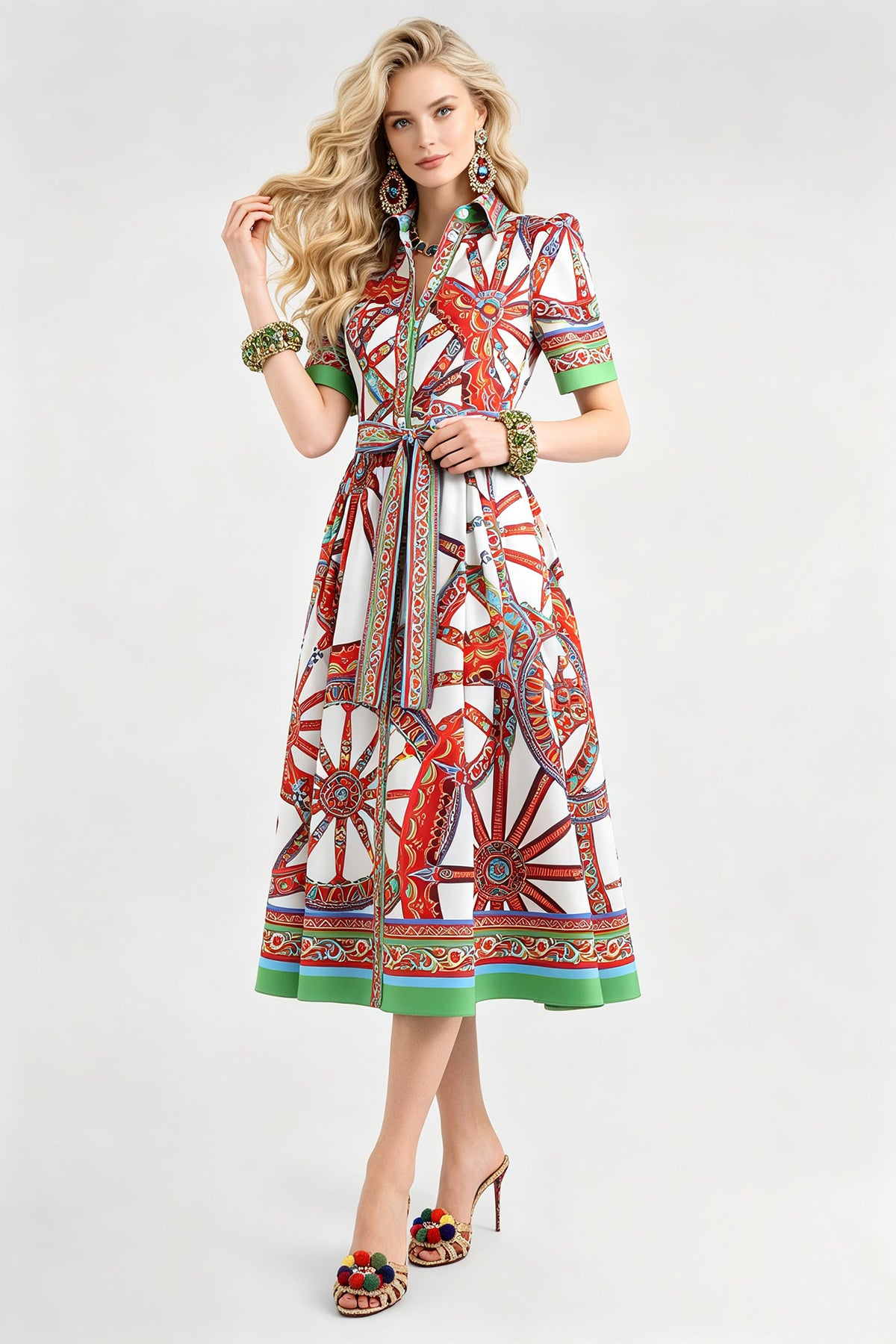 Women Summer Printed Collar Neck Blouse Paired With A Line Dress