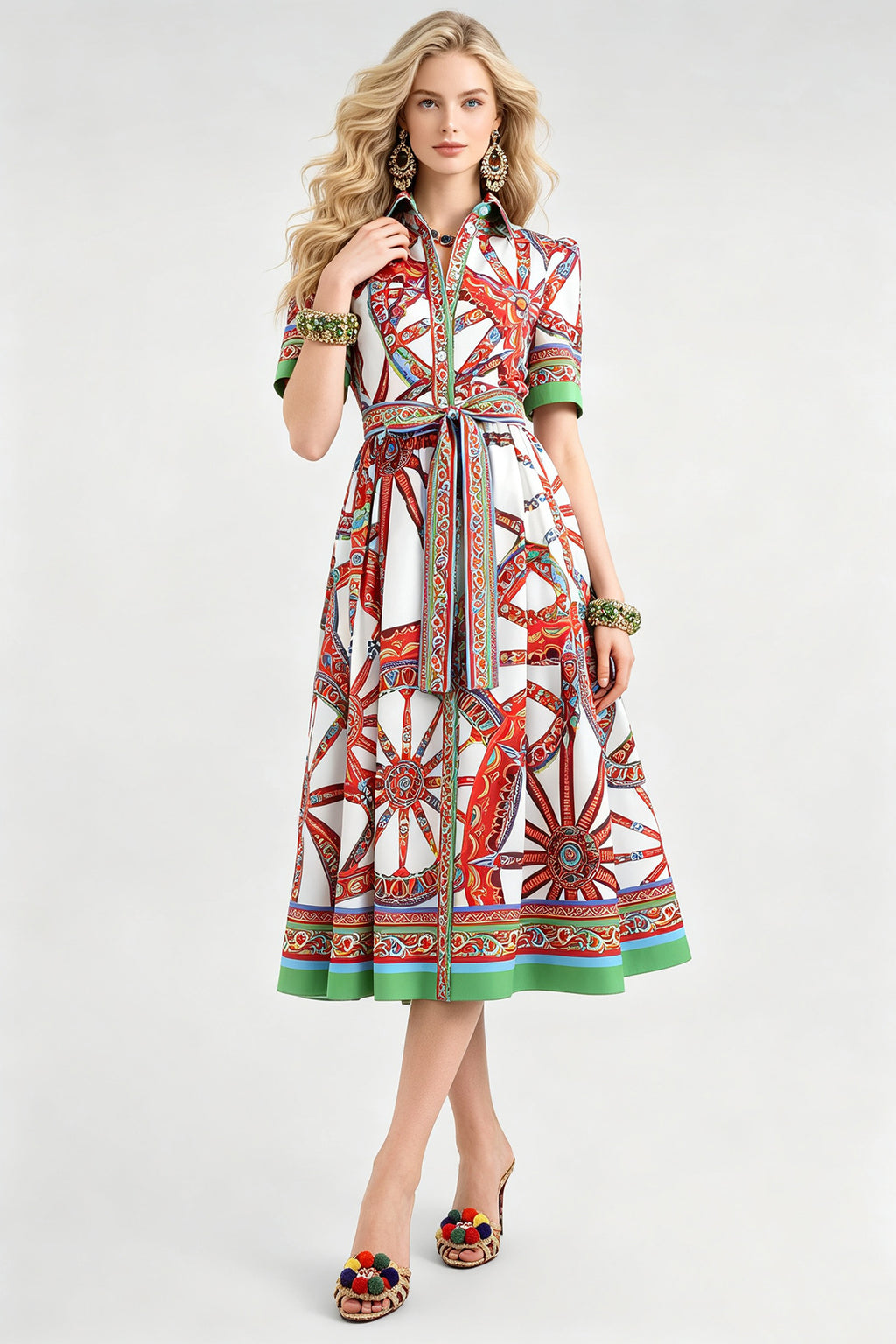 Women Summer Printed Collar Neck Blouse Paired With A Line Dress