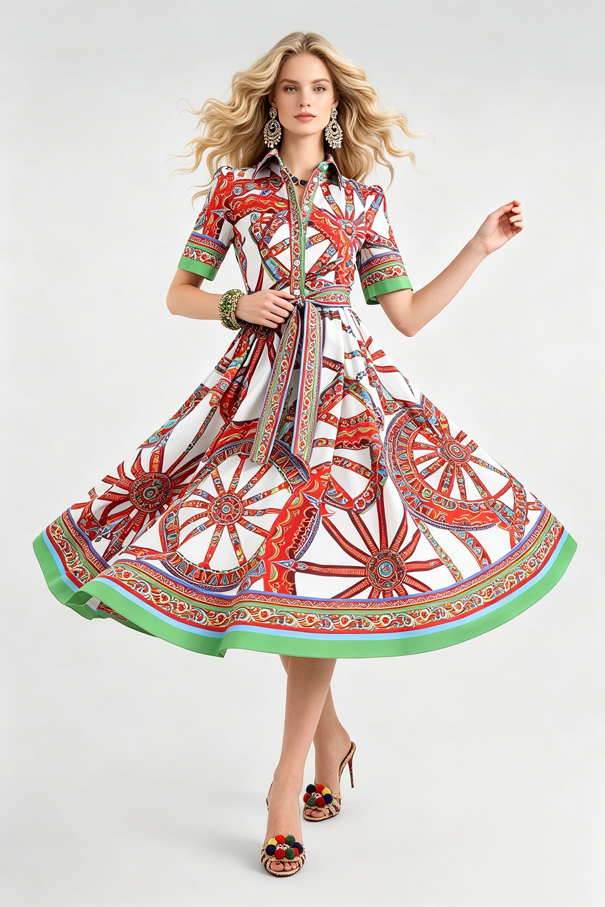 Women Summer Printed Collar Neck Blouse Paired With A Line Dress