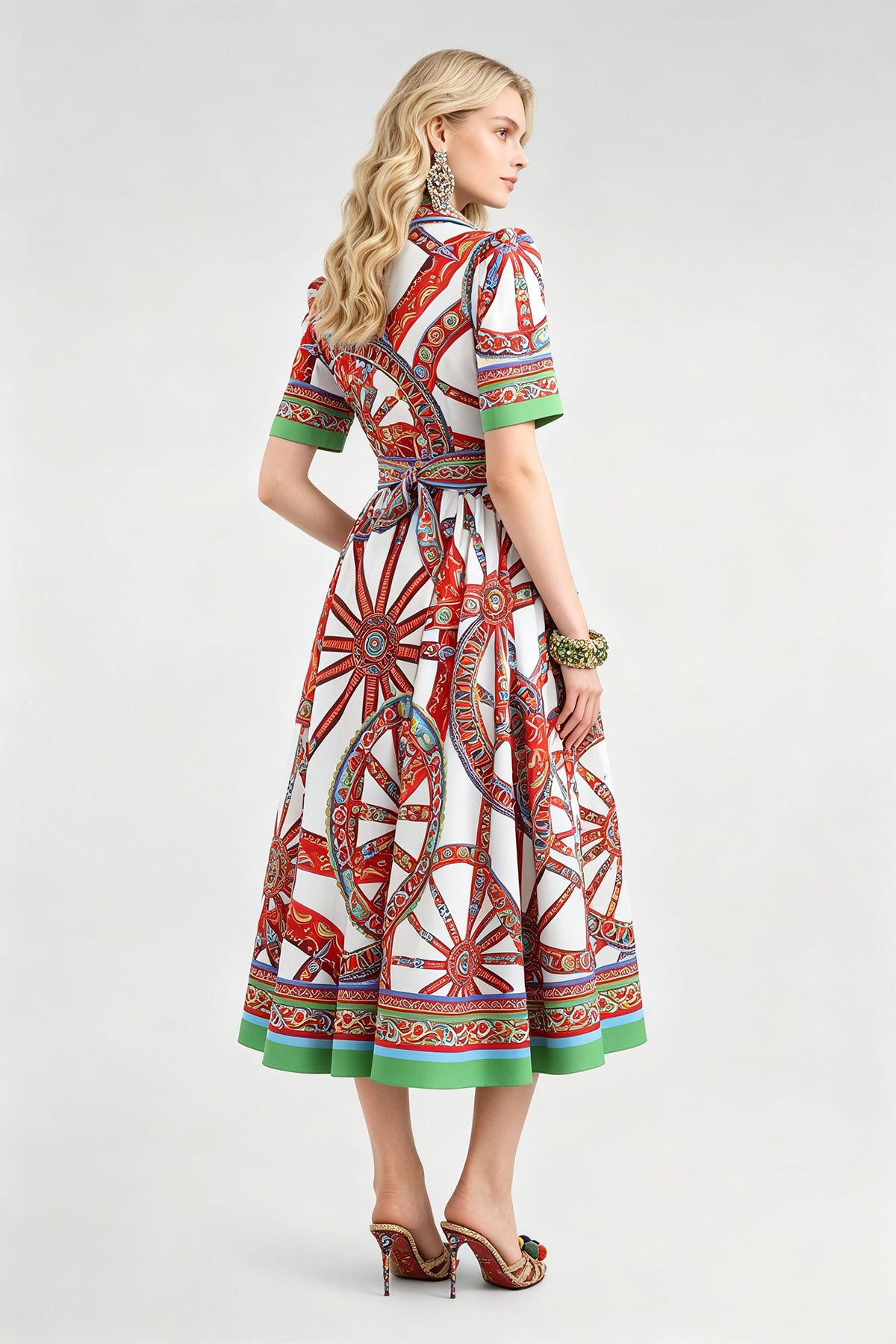 Women Summer Printed Collar Neck Blouse Paired With A Line Dress