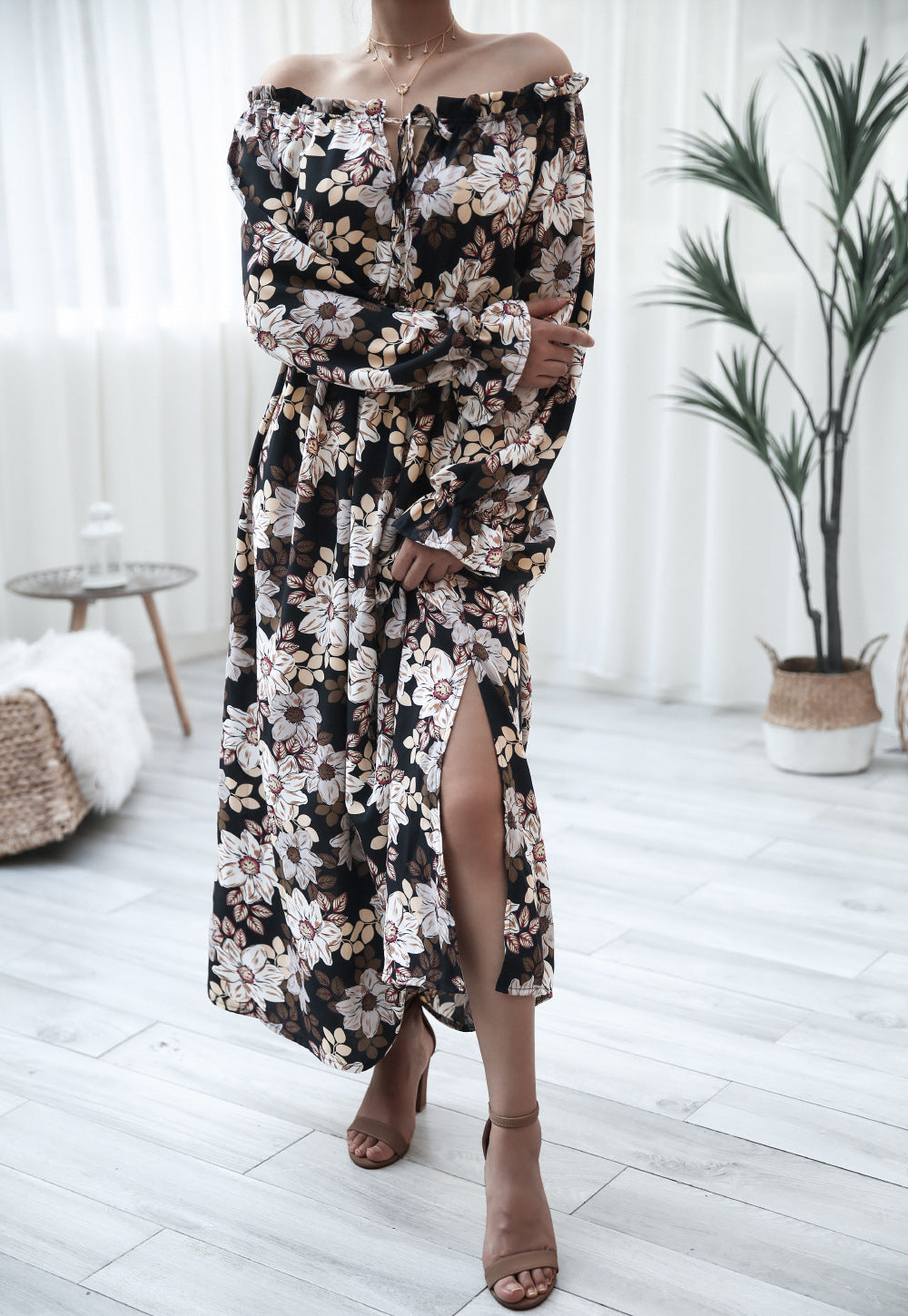 Floral Bell Sleeve Wooden Ear Strapless Vacation Dress Women Clothing