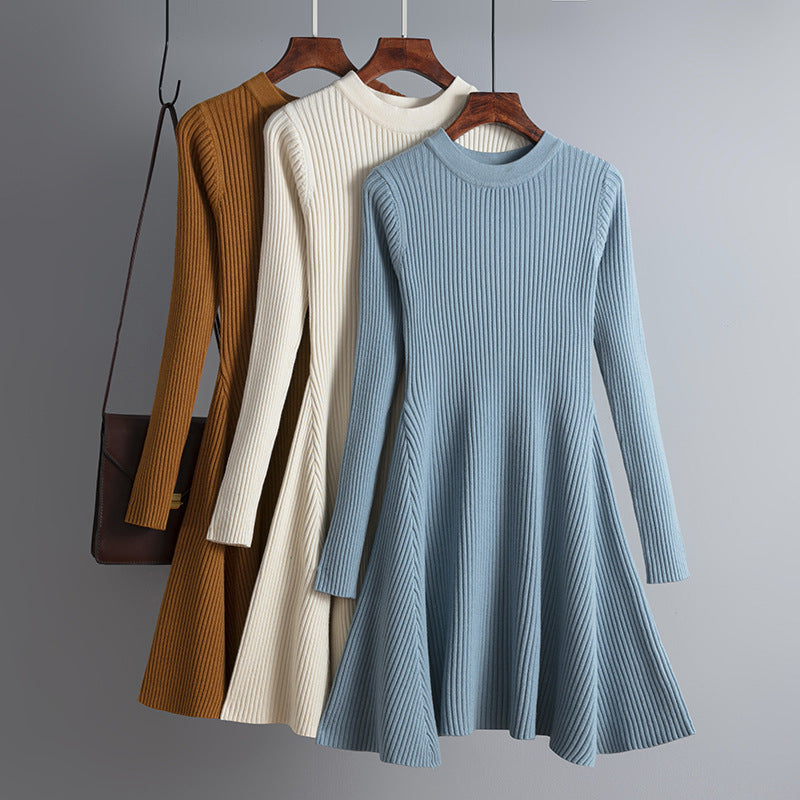 Vestido de otoño invierno para mujer, tejido de manga larga, color liso, ajustado, ropa interior, corte A