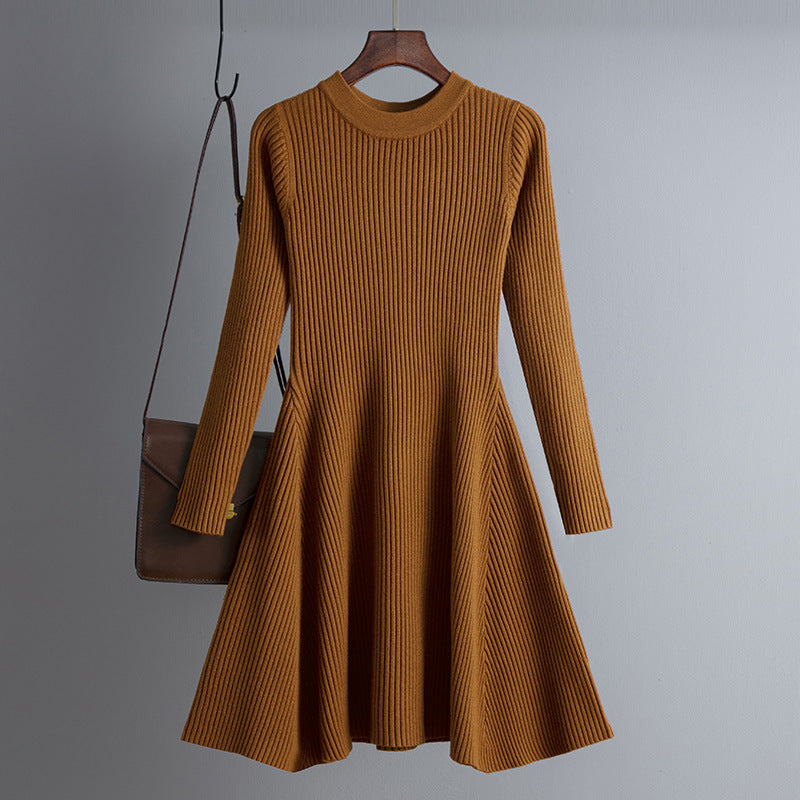 Dress Autumn Winter Women Knitted Long Sleeved Solid Color Slim Fit Bottoming Inner Wear A- line Dress