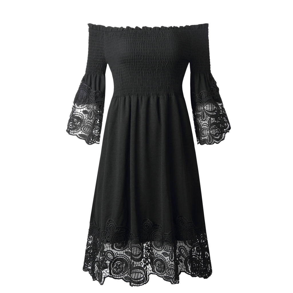 Spring Summer Top-Selling Product Women off-Shoulder Backless Solid Color Lace Dress