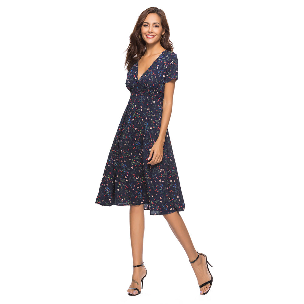 Vestido de gasa de verano para playa con estampado y escote en V, manga corta, estilo bohemio
